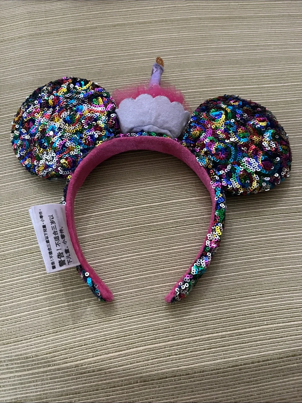 Disney Pink Sequin birthday cupcake Minnie Ears Headband